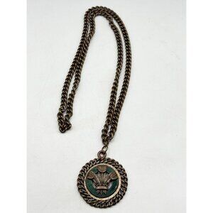 Estate vintage green enamel crown feather pendant necklace